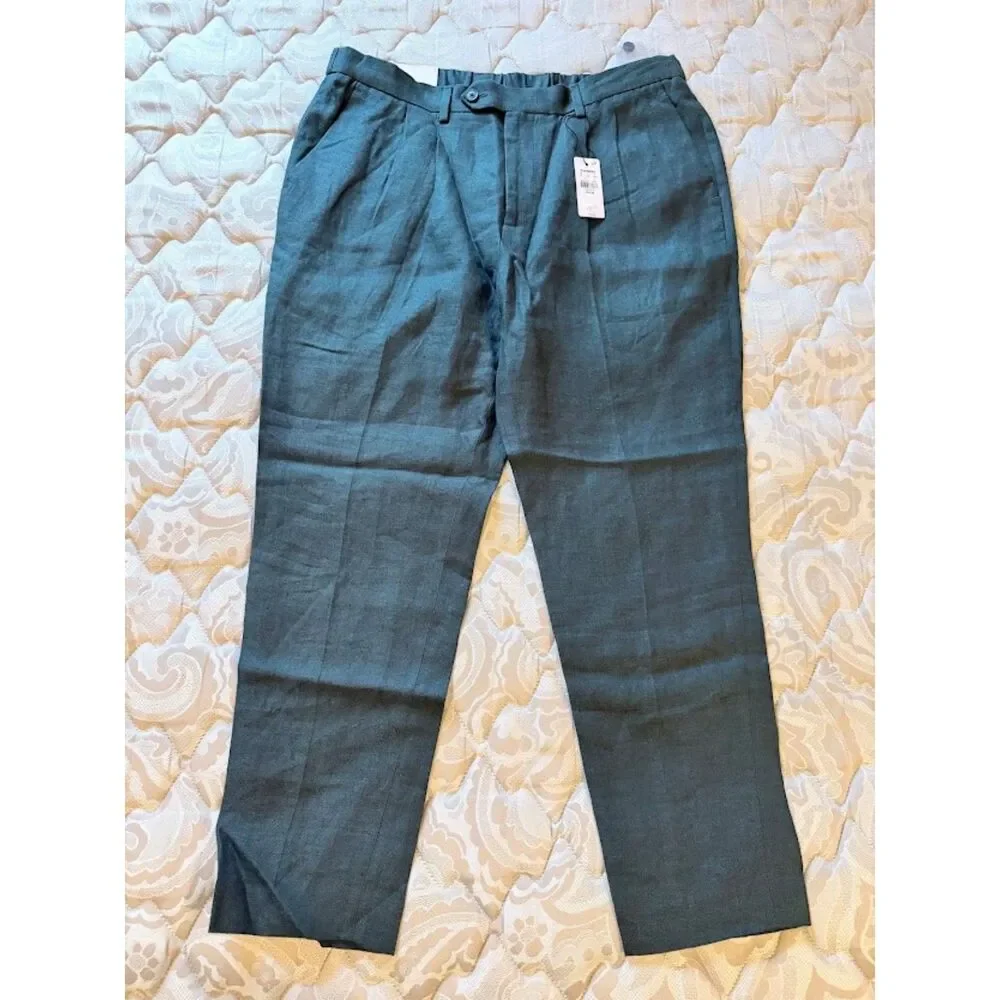 Express Mens 100% Linen Cropped Pants 34x30 Teal Blue/Green NWT Stretch Waist